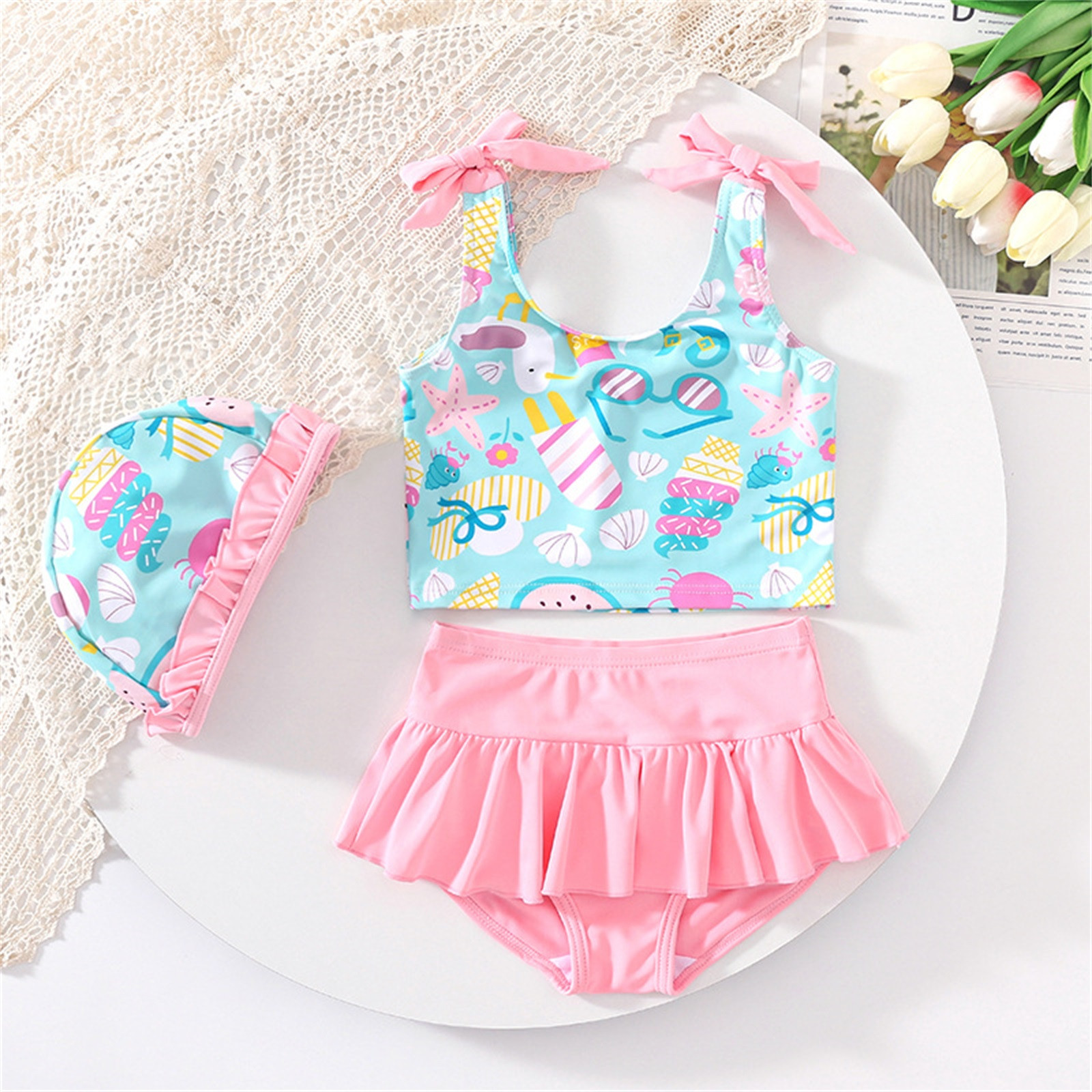 XDZJLR Swimsuit for Girls Bathing Suit Baby Summer Beach Bikini Tankini Hat 3 24 Months 2T 5T Swimwear Light Green 12-18 Months